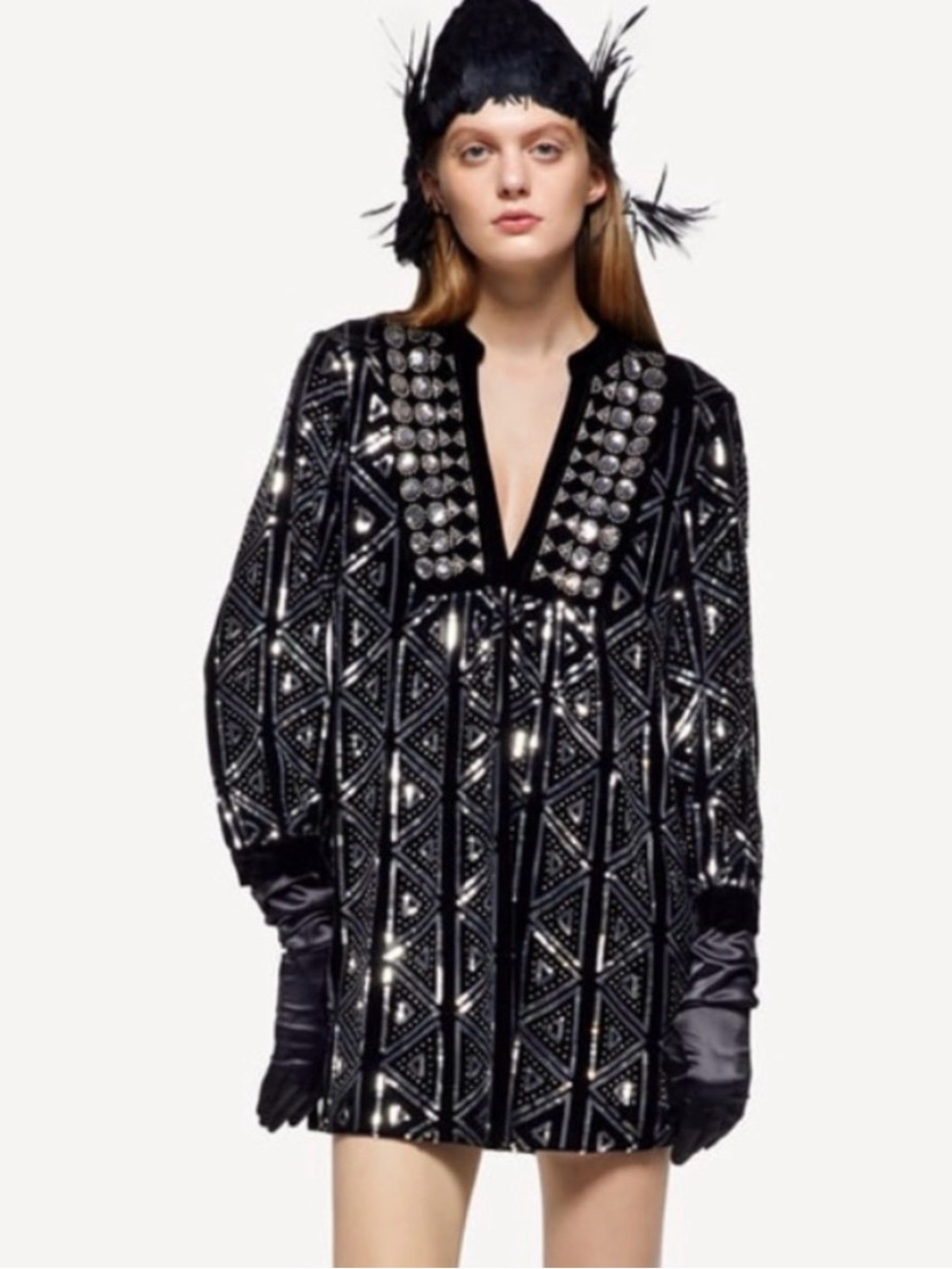 NWT Zara Embellished Black Velvet Sequin Tunic Dress